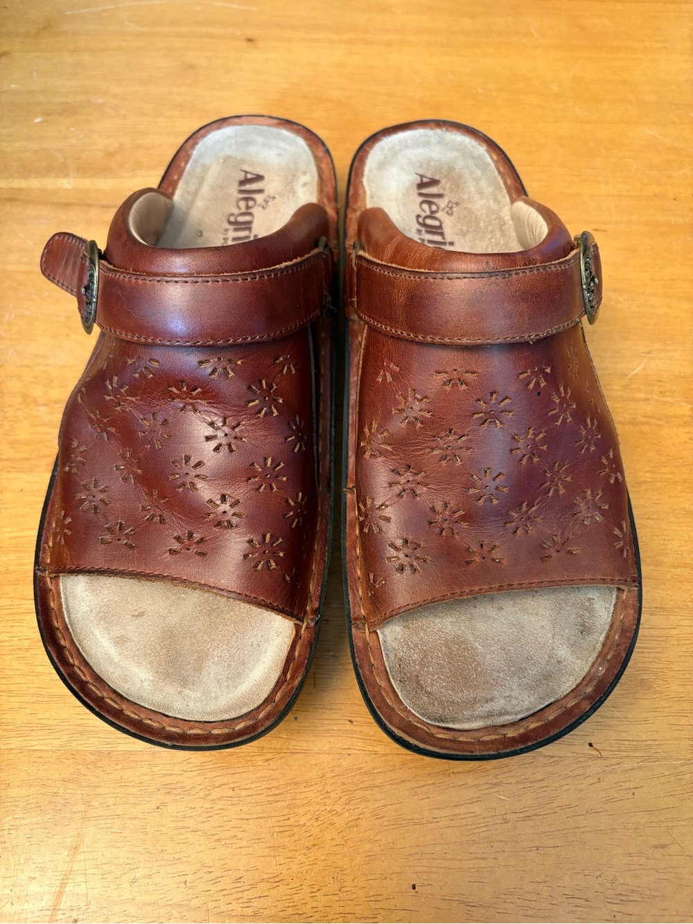 Alegria Brown Perforated Leather Clogs